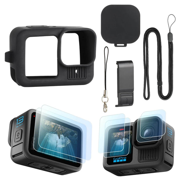 HSU Silicone Sleeve Case for GoPro Hero 13 Black, Battery Side Cover & Screen Protectors & Lens Caps & Lanyard, GoPro Hero 13 Black Accessories Kit