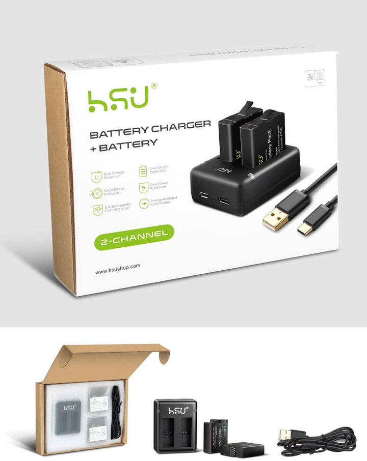 HSU Rechargeable Battery (2-Pack) and Dual Charger Compatible for Go Pro Hero 2018, Hero 7 Black, Hero 6 Black and Hero 5 Black, with USB and Type-C Port