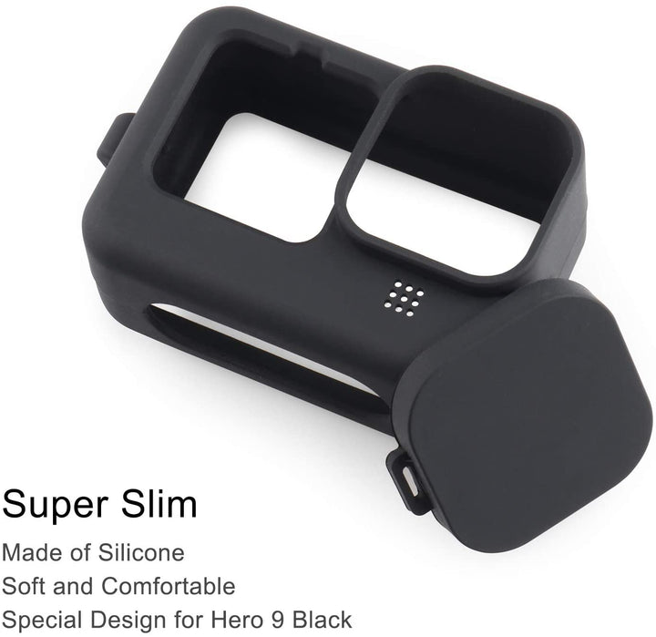 HSU Silicone Protect Cover Housing Case for GoPro Hero 9 Black, Tempered Glass Screen Protector (6 Pcs), Soft Rubber Cover with Lens Cap for Go Pro Hero 9 Black Action Camera Accessory (Black)