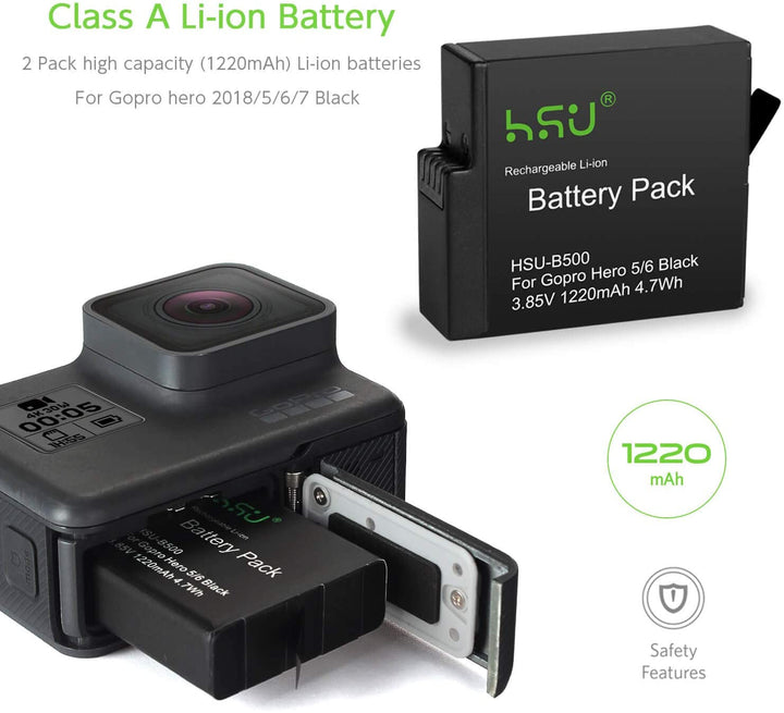 HSU Rechargeable Battery (2-Pack) and Dual Charger Compatible for Go Pro Hero 2018, Hero 7 Black, Hero 6 Black and Hero 5 Black, with USB and Type-C Port