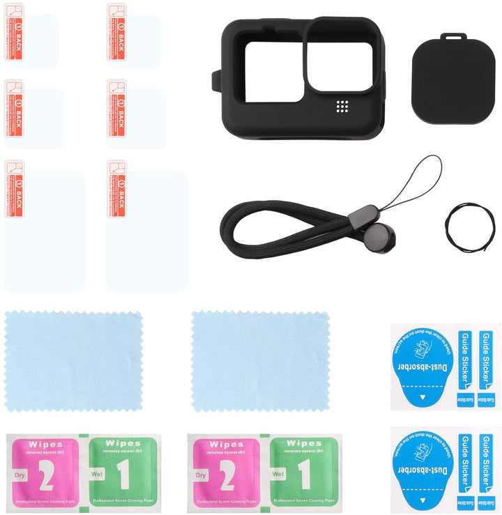 HSU Silicone Protect Cover Housing Case for GoPro Hero 9 Black, Tempered Glass Screen Protector (6 Pcs), Soft Rubber Cover with Lens Cap for Go Pro Hero 9 Black Action Camera Accessory (Black)
