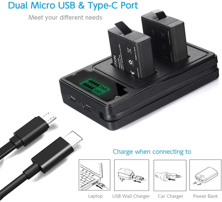 HSU Replacement Batteries（2-Pack） and Dual LCD Camera Battery Charger Compatible for Go Pro Hero 7 Black, Hero 6 Black, Hero 5 Black and Hero 2018