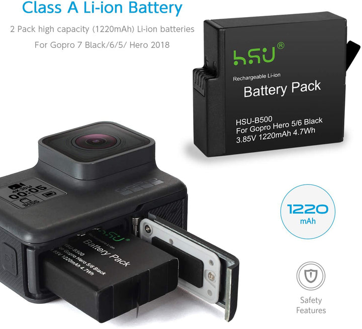 HSU Replacement Batteries（2-Pack） and Dual LCD Camera Battery Charger Compatible for Go Pro Hero 7 Black, Hero 6 Black, Hero 5 Black and Hero 2018