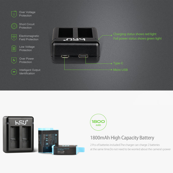 HSU 2-Pack Replacement Battery & LED Dual Charger for GoPro Hero 9